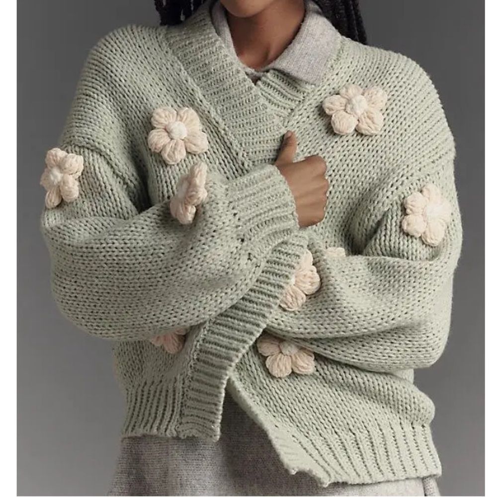Anthropologie Pale Mint Green Knit Cardigan with Cream Floral Appliqués